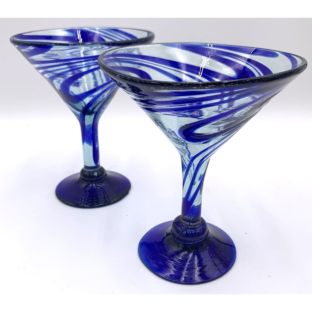 2 Mexican Blown Cobalt Blue Swirl Margarita Cosmo Martini Glasses Marked NICE!
